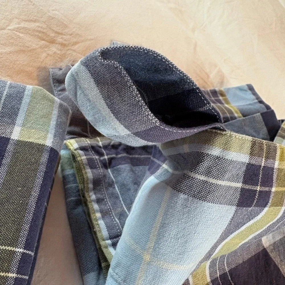 Pottery Barn Kids Blue Green Plaid Cotton Tab Top Curtains 44x44 Set of 2 RARE